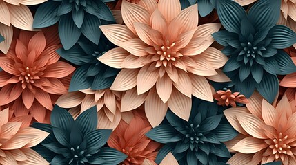 3d floral flowers seamless repeat pattern, floral pattern, flower paper art, in the style of light peach and dark teal polish folklore motifs, detailed foliage