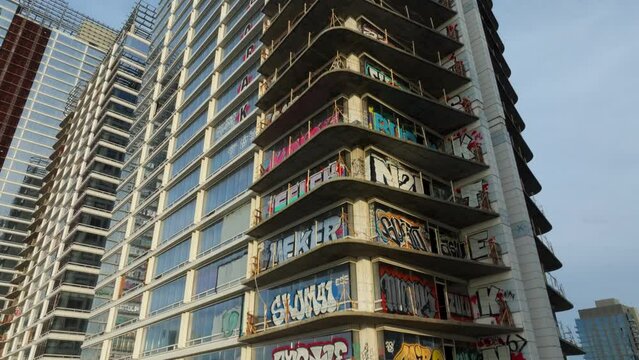 4K Aerial of Graffiti Tower in DTLA in February 2024, Los Angeles, California, USA