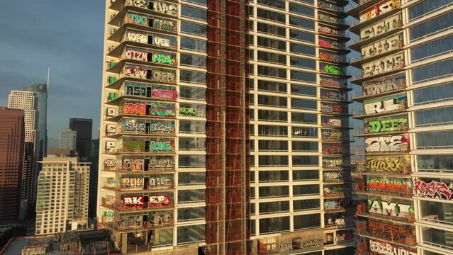 4K Aerial of Graffiti Tower in DTLA in February 2024, Los Angeles, California, USA