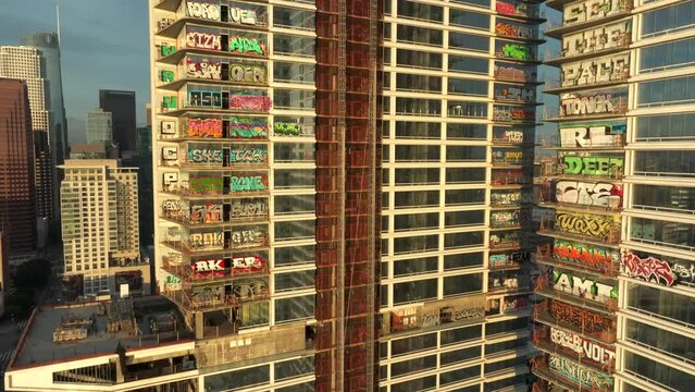 4K Aerial of Graffiti Tower in DTLA in February 2024, Los Angeles, California, USA