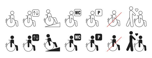Accessibility icon set for disabled people in wheelchairs, pictogram outline. Editable stroke, color. Toilet, elevator, parking sign for handicapped people.Vector symbol, minimalist flat style