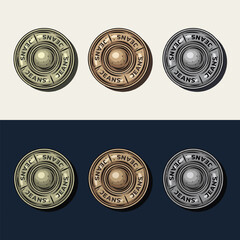 Set of golden, silver, copper metal buttons with word jeans. Isolated sewing accessories on black, white background. Vintage style illustration