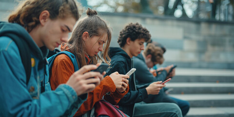 Obraz premium Group of teenagers engrossed in their smartphones, wearing winter gear