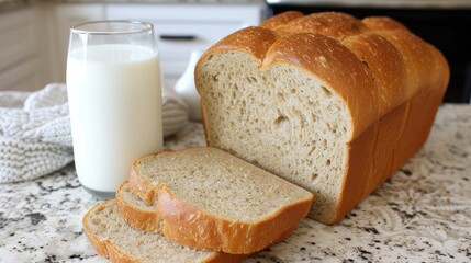 a loaf of bread sitting on top of a table next to a glass of milk and a bottle of milk.