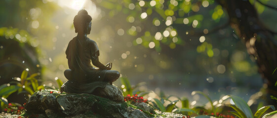Serene Buddha statue meditating amidst radiant morning sunbeams.