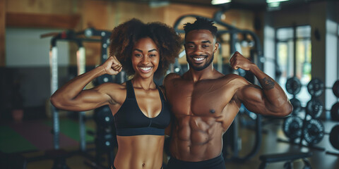 Fototapeta na wymiar African American Fit couple flexing muscles joyfully in a sunny gym, showcasing a healthy lifestyle. Black bodybuilders