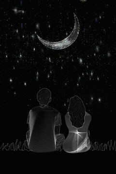 romantic couple and their starry night delight. dot effect illustration with black background.