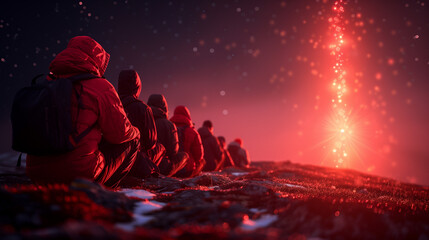 Group of hikers sitting on top of a mountain and looking at the fireworks