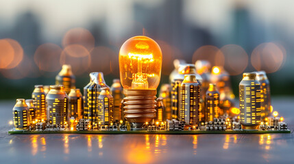 Electronic circuit board with a glowing light bulb on the city background