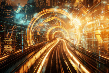 Futuristic city with train track in the background image.