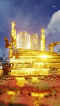 Climbing the stairway to Heaven with golden angels towards bright light, vertical
