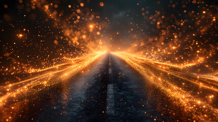 Fiery light trails on a dark road leading into the horizon. Abstract concept of speed and motion. Digital art design for wallpaper, print, or banner with copy space - obrazy, fototapety, plakaty