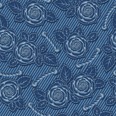 Fototapeta premium Denim floral seamless pattern with roses, rope lacing. Blooming flowers with leaves on blue jeans texture. Monochrome inverted negative illustration. For prints, clothing, apparel design