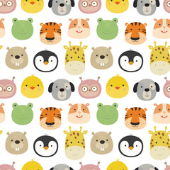 Seamless childish pattern with funny animals faces . Creative scandinavian kids texture for fabric, wrapping, textile, wallpaper, apparel.