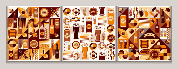 Seamless patterns with icons of beer cans, barrel, glasses, bottle cap, geometric abstract shapes. Simple flat style. Good for branding, decoration of beer package, cover design, decorative print.