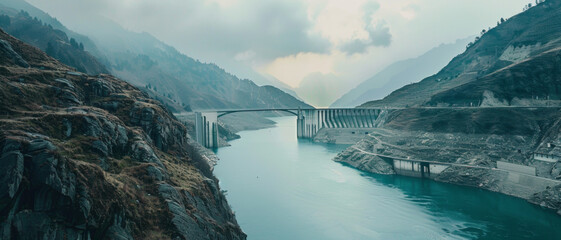 Misty dawn breaks over a tranquil reservoir with a bridge spanning the rugged terrain.