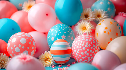 Fototapeta na wymiar decoraciones con globos de Pascua inflando globos y decorándolos para que parezcan huevos de Pascua de colores.