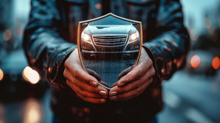 Close-up of a man's hands holding a reflective shield with a car image - obrazy, fototapety, plakaty