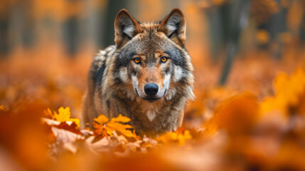 Intense gaze of a wild wolf amidst the autumn leaves