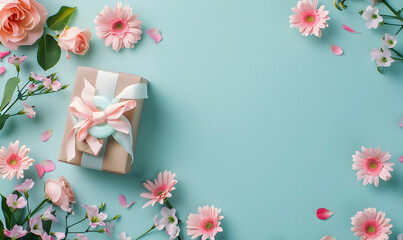  Floral flat lay greeting card with beautifully wrapped present and copy space,Generative AI 