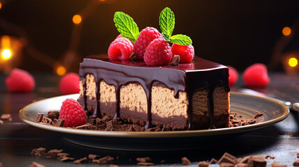Close-up of a piece of mouth-watering chocolate cake with fresh raspberries on a bokeh background. The concept of advertising confectionery products and home baking