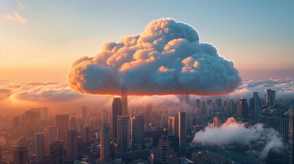 sensors and cloud-based software concept. huge cloud over the city at sunset.