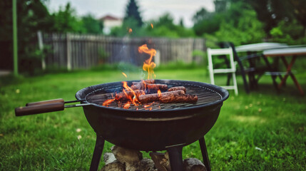 summer time party in backyard garden with grill BBQ, wooden table, blurred background - 748614106