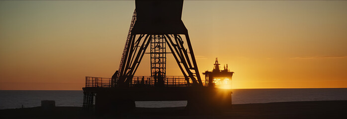 Oil rig against sunset background - obrazy, fototapety, plakaty
