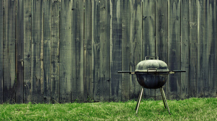 summer time party in backyard garden with grill BBQ, wooden fence