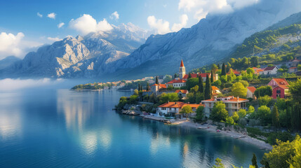 Serene Adriatic coast landscape in Croatia with a picturesque resort town - obrazy, fototapety, plakaty
