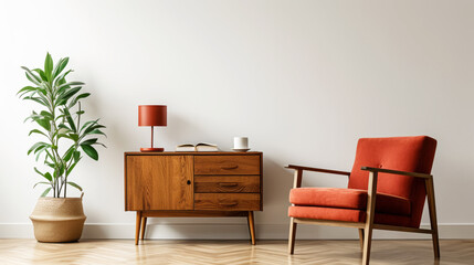 Elegant vintage living room interior with retro furniture and plant