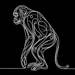 Illustration of a monkey in black and white against a dark background.
