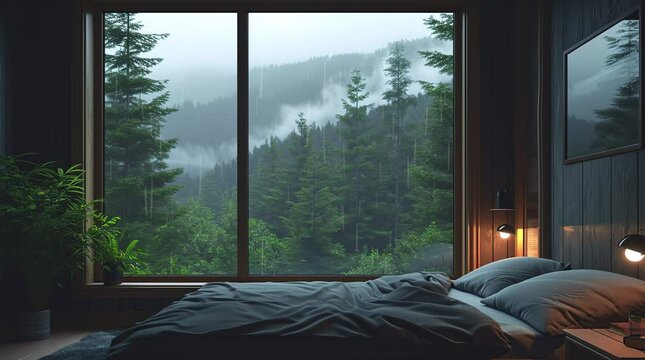 Sylvan Serenity: A cozy bedroom with a window framing a tranquil view of a pine forest at night, where moonlight filters Seamless looping 4k time-lapse virtual video animation background. Generated AI