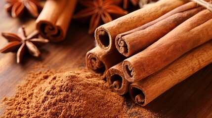 Appetizing Cinnamon, Close-up of aromatic and flavorful cinnamon sticks - obrazy, fototapety, plakaty