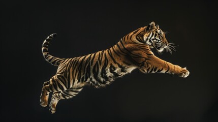 Fototapeta na wymiar Tiger jump on a black background. Flying animal.