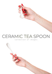 White ceramic tea spoon in female hand isolated on white background.