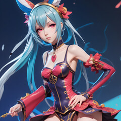 Anime girl, manga girl, skinny young girl in purple and red-pink sexy tight costume, super heroine, blue hair, white ears, dark background  - 04