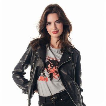 Pretty Young Woman in Leather Jacket and Graphic T-shirt photo on white isolated background