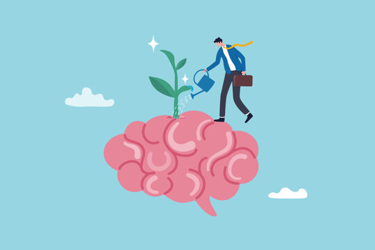 Growth mindset positive attitude to learn new thing, improvement to success, brain motivation or challenge to achieve goal, learning concept, businessman watering growth seedling on his brain.