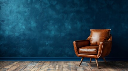 Mock up Modern interior of living room with leather armchair on wood flooring and dark blue wall, copy space. - obrazy, fototapety, plakaty
