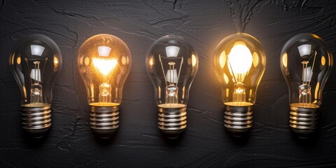 Five lightbulbs on a dark textured background with two illuminated, showcasing a warm glow and filament detail. - obrazy, fototapety, plakaty