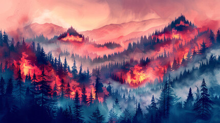 A coniferous forest is burning in a mountainous area. Wildfire. Climate change concept.