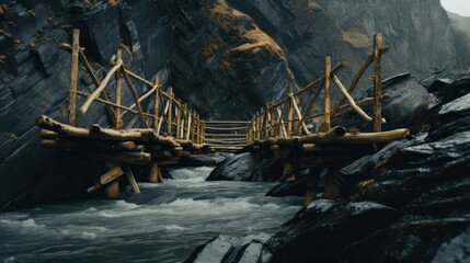 a wooden bridge over a body of water near a rocky mountain side with a bridge made of logs in the middle of it.