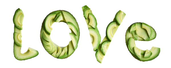 Avocado love text, Fresh avocado slices forming word love, Healthy vegan lifestyle concept isolated on transparent background | Generative AI