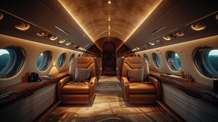 Business aircraft with luxurious interior design. The concept of business travel and comfortable travel on an airplane.