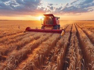 Fototapeta premium An agricultural tractor cultivates the land. Harvester on a wheat field. A combine harvester working in a large field against the backdrop of sunset.