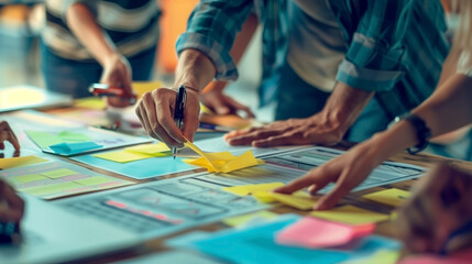Obraz premium Business team brainstorms together using sticky notes on a whiteboard.