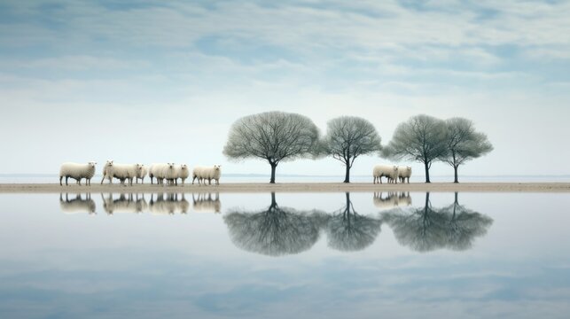 a herd of sheep standing each other on top of a field a large body of water.