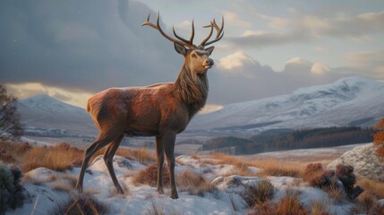 a painting of a stag standing in a snowy field with mountains background and clouds sky.