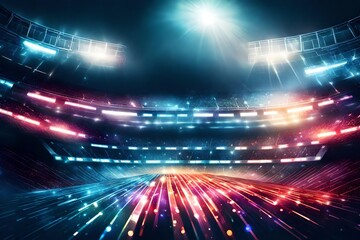 Full stadium and neoned colorful flashlights background. Flyer with copyspace in modern colors. Concept of sport, competition, winning, action and motion. Empty area for championships, your ad, design - obrazy, fototapety, plakaty